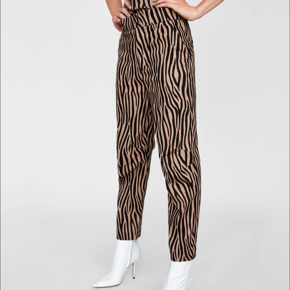 Zara Animal Print Barrel Leg High Waist Pants